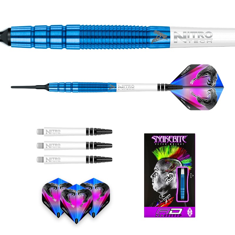 Tungsten Darts Set with Stems and Flights RED DRAGON Peter Wright Snakebite Blue PL15 Soft-Tip 18g 